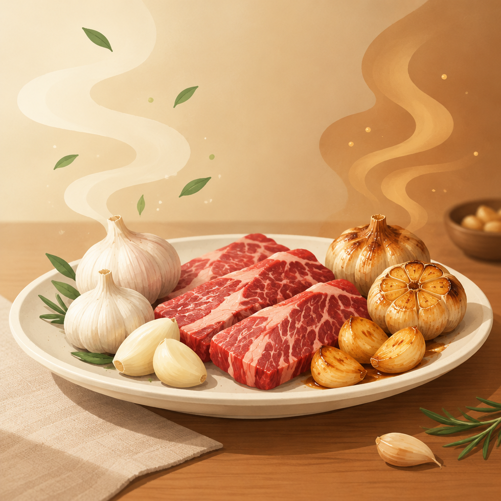 AI 생성 설명 이미지: 안산일동한우 유니드정육식당 | 생마늘과 구운 마늘, 갈비살에 곁들이는 기준